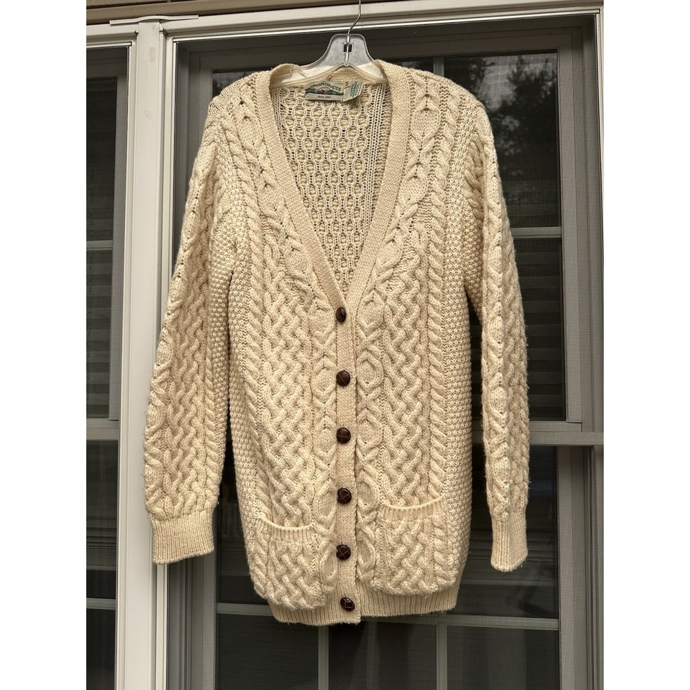 Aran Crafts Chunky Cable Knit Cardigan Sweater 100% Merino Wool Size med Ireland